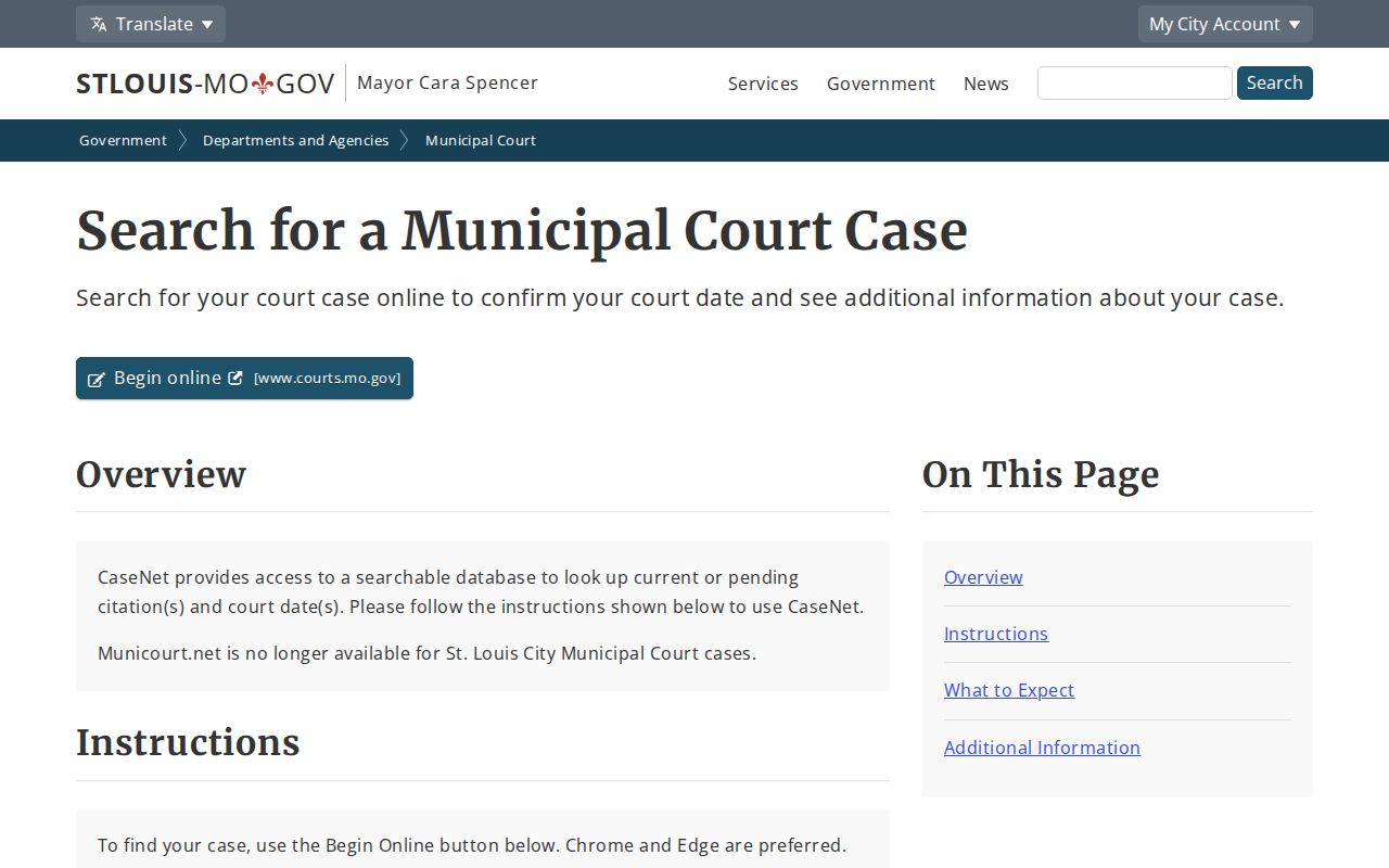 St. Louis resident lookup instructions for City Municipal Court and Case.net