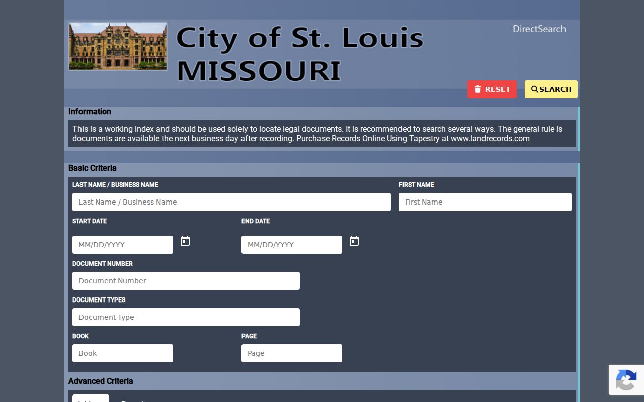 St. Louis street directory Recorder DirectSearch deed index