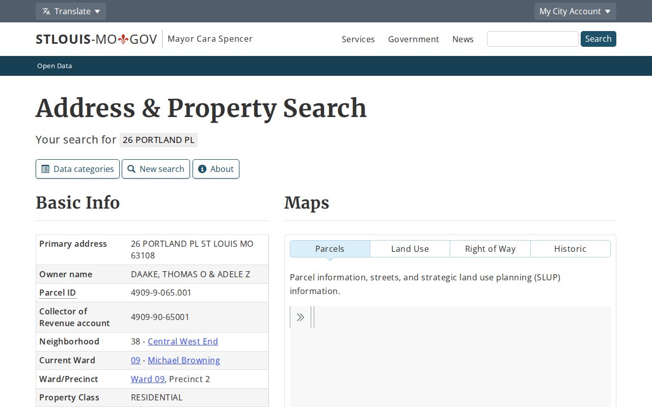 St. Louis street directory City parcel record screen
